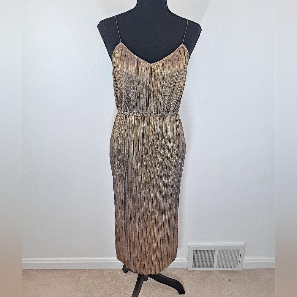 Plenty Tracy Reese Midi Metallic Pleated Shimmery Shiny Cinched Waist Dress